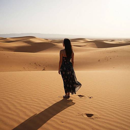 Silhouetted woman in a black floral dress walks alone across sunlit sand dunes, casting a long shadow, with distant hills in the bright