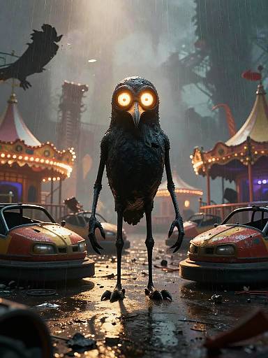 Digital artwork of a eerie, bird-like creature with glowing eyes standing in a rainy amusement park at night, surrounded by parked cars and lit-up carnival rides
