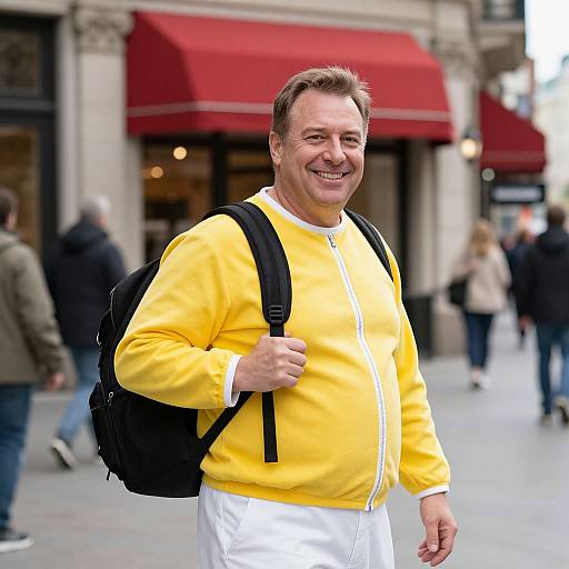 Photograph of a smiling middle-aged man with short brown hair, wearing a bright yellow jacket, white pants, and black backpack, standing on a busy