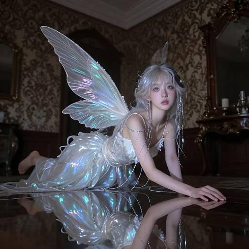 Photograph of a pale-skinned, silver-haired fairy woman with iridescent wings and dress, lying on a glossy black floor in a dimly