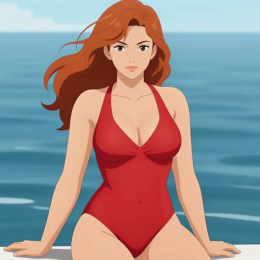 Digital anime-style drawing of a red-haired woman with fair skin, wearing a red halter one-piece swimsuit, sitting by the ocean.