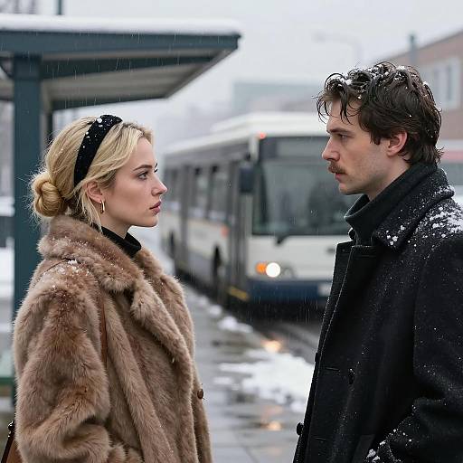 Two People Facing Each Other at Snowy Bus Stop