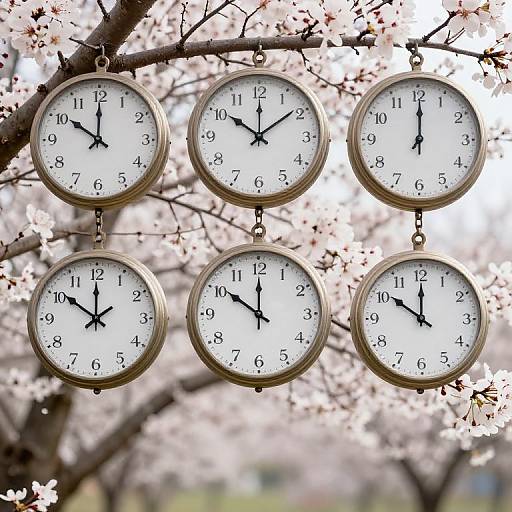 Six round clocks with black hands hang from cherry blossom branches, displaying different times. Soft pink blossoms fill the background.