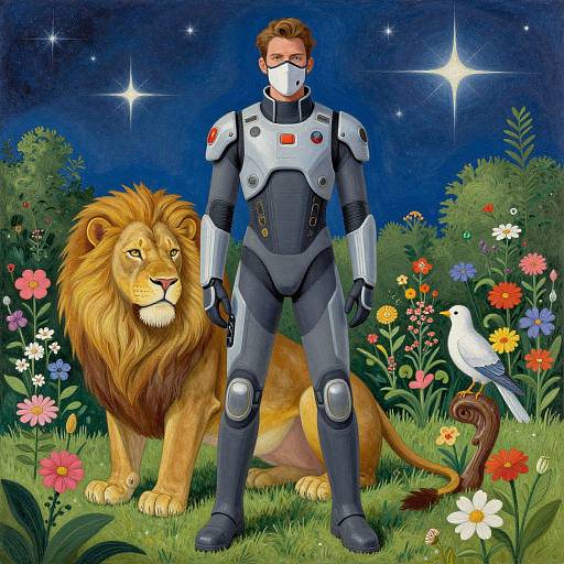 Digital artwork of a muscular man in futuristic armor standing beside a majestic lion and a white bird in a colorful flower garden under a starry night sky.