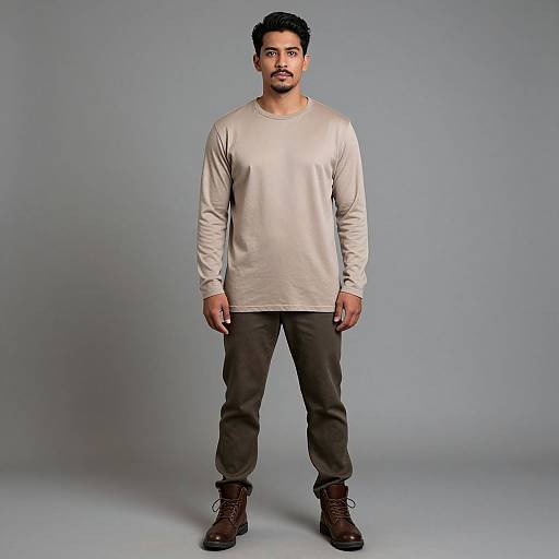 Photograph of a medium-built South Asian man with short black hair and beard, wearing a beige long-sleeve shirt, dark pants, and brown
