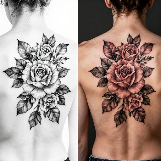 Black-and-white tattoo design of a detailed rose with leaves on the back, shown in a sketch and colored version.
