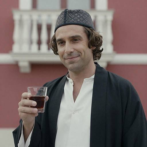 Man in Robe with Glass on Balcony