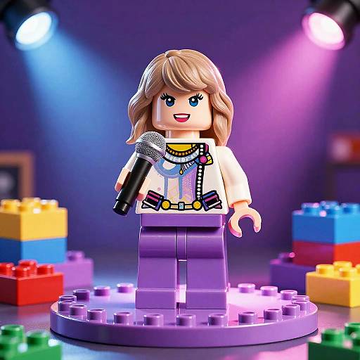 Photograph of LEGO minifigure with blonde hair, blue eyes, white shirt, purple pants, microphone, and necklace, standing on stage with colorful