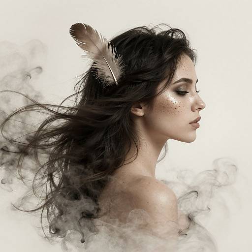 Photograph of a serene, light-skinned woman with long black hair, wearing a feather headpiece, eyes closed, surrounded by ethereal smoke.