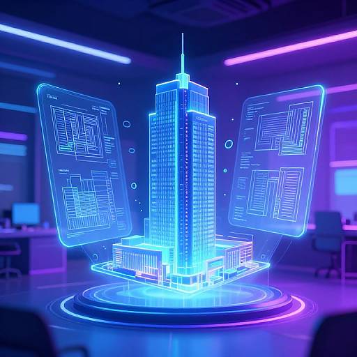 Neon blue holographic skyscraper with floating digital circuit boards in a futuristic, dimly-lit room with purple and pink neon lights.