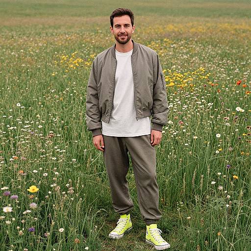 Photograph of a bearded man with short dark hair, wearing a gray jacket, white shirt, gray pants, and yellow sneakers, standing in a