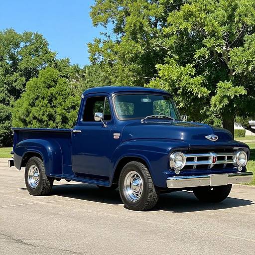 Photograph of a shiny blue vintage pickup truck with chrome details, parked on a sunny day, surrounded by green trees.