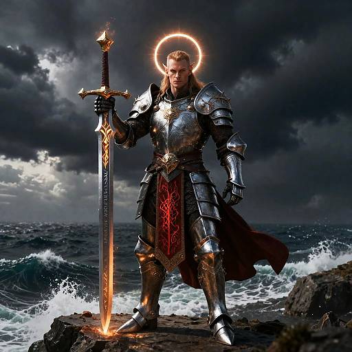 Tiefling Paladin with Glowing Greatsword on Cliff