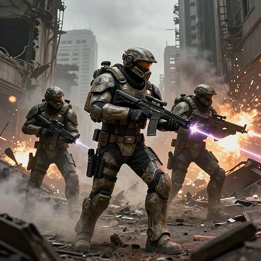 Digital artwork: Three armored, helmeted soldiers with rifles firing in a smoky, post-apocalyptic city street, surrounded by debris and intense orange flames