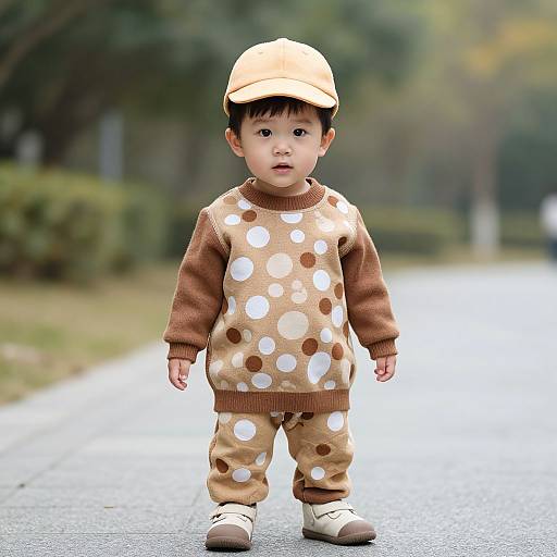 Photorealistic CGI of an Asian toddler in a brown polka-dot sweater, beige pants, white shoes, and tan cap, standing on a suburban