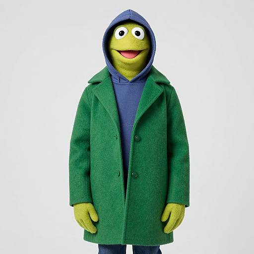 Photograph of a yellow, anthropomorphic frog puppet wearing a green coat, blue hoodie, and smiling with wide eyes against a white background.