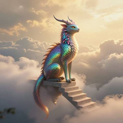Digital artwork of a vibrant, multi-colored dragon with iridescent scales and horns, sitting on a staircase in the clouds at sunset.