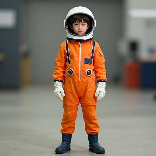 Photograph of a young child with fair skin and dark hair, wearing an orange astronaut suit, white helmet, and gloves, standing in a blurred,