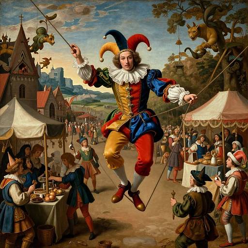 Baroque painting of a jester in colorful attire, juggling while floating mid-air, surrounded by bustling market scene and diverse crowd.
