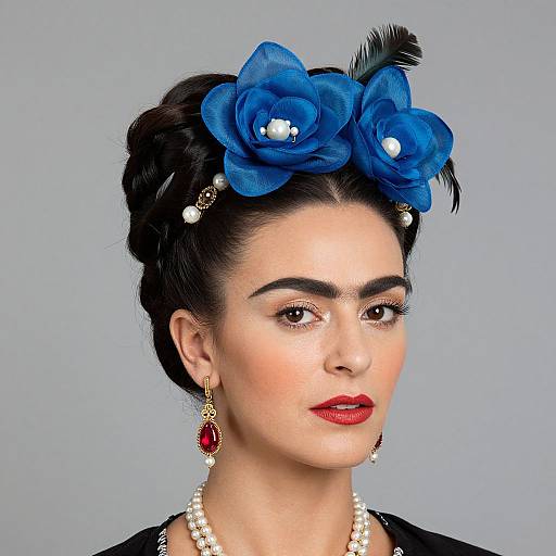 Photograph of a woman with dark hair in an elegant updo, adorned with blue floral headpiece, pearl necklace, red earrings, and red lipstick