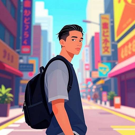 Digital anime-style illustration of a young Asian man with black hair, wearing a black vest and backpack, standing in a vibrant, neon-lit urban street