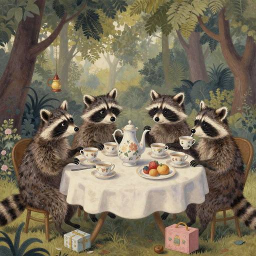 Mischievous Raccoon Tea Party Wallpaper
