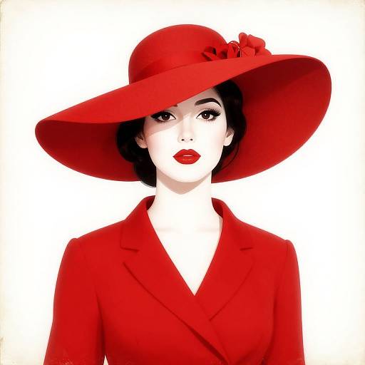 Digital illustration of a fair-skinned woman with red lipstick, wearing a large red hat with a flower, and a matching red blazer, against a