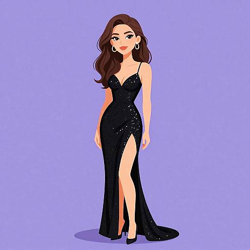 Digital illustration of a beautiful woman with long brown hair, wearing a black, sparkly, V-neck, high-slit evening gown and black heels,