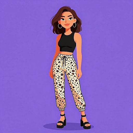 Digital illustration of a young woman with wavy brown hair, wearing a black crop top, white spotted pants, and black platform heels, against a purple