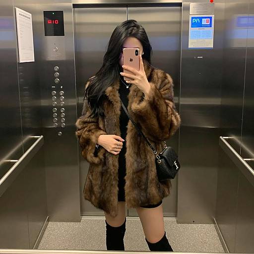 Woman Taking Elevator Mirror Selfie in Fur Coat