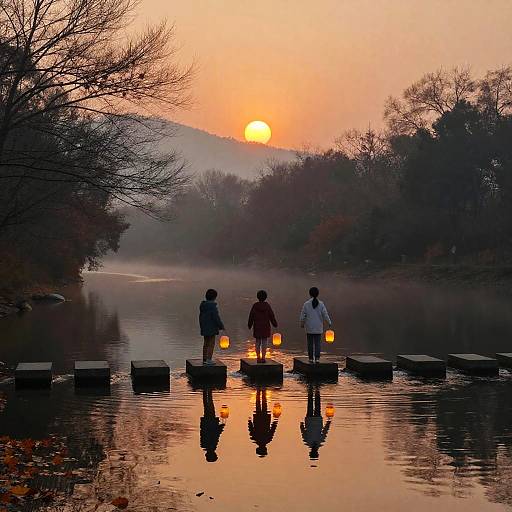 Photograph of three silhouetted people standing on floating wooden platforms in a tranquil lake at sunset, holding glowing lanterns, reflected in calm water