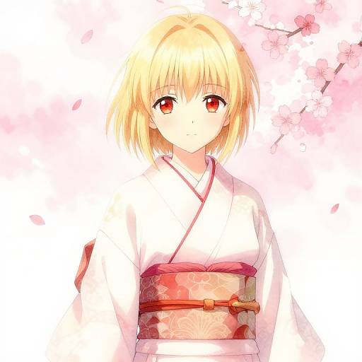 Anime Girl in Kimono with Cherry Blossoms