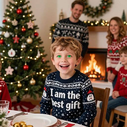 Photograph of a happy, smiling boy with green eyes wearing a 