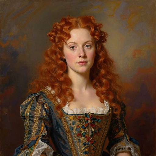 Baroque-style portrait of a fair-skinned woman with long, curly red hair, wearing an ornate, dark blue, embroidered gown with gold and