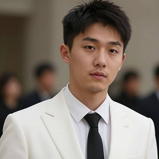 Photograph of an Asian man with short black hair, wearing a white suit, black tie, and white shirt, standing against a blurred background of ind
