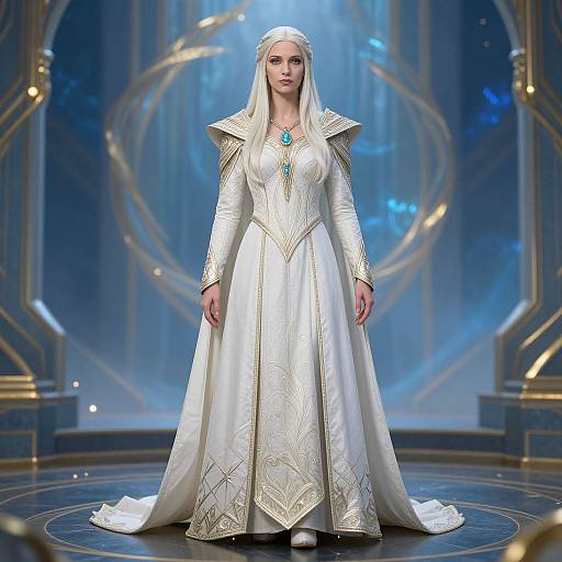 Digital artwork of a fair-skinned woman with long white hair, wearing an ornate, white, long-sleeved, floor-length gown with gold