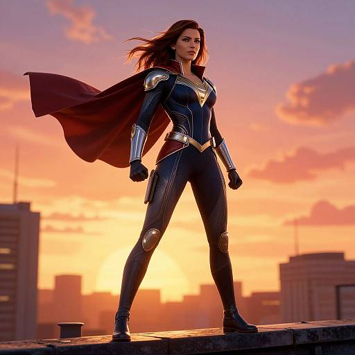 Photorealistic digital art: Strong, confident female superhero with red cape, black armor, and golden emblem, standing on rooftop at sunset.