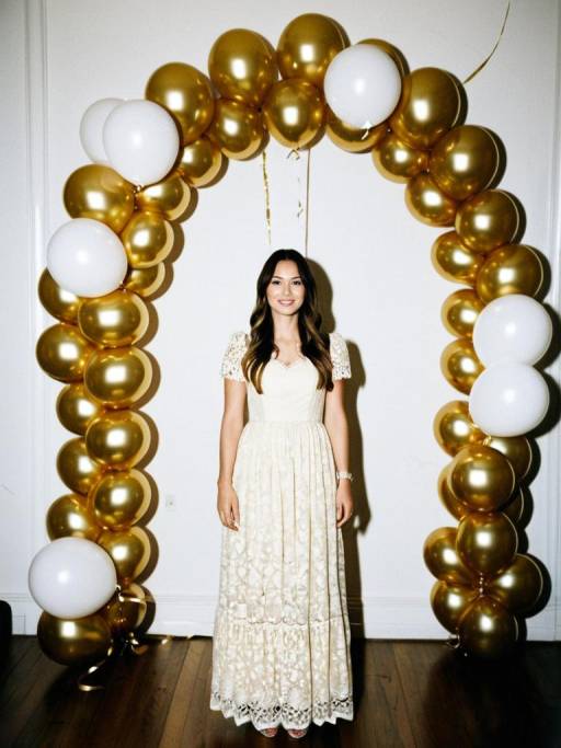 Woman in Lace Dress at Balloon Arch