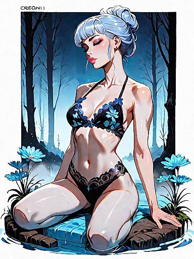 Dark Fantasy Girl in Lace-Up Bikini in Foggy Forest