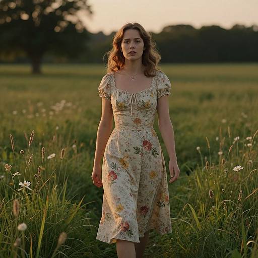 Photograph of a woman with wavy brown hair, wearing a floral dress, walking through a sunlit meadow at sunset.