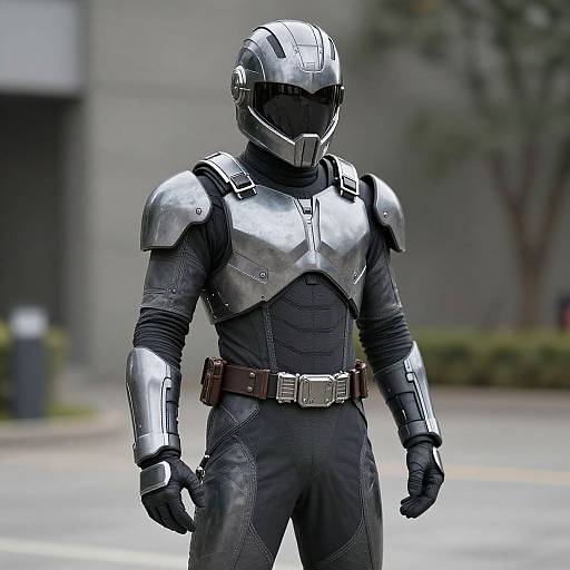 Photograph of a futuristic armored superhero in black and silver armor, black gloves, and helmet, standing on a city street.