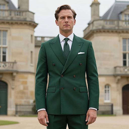 Photograph of a handsome Caucasian man with short brown hair, wearing a green double-breasted suit, white shirt, and black tie, standing in front