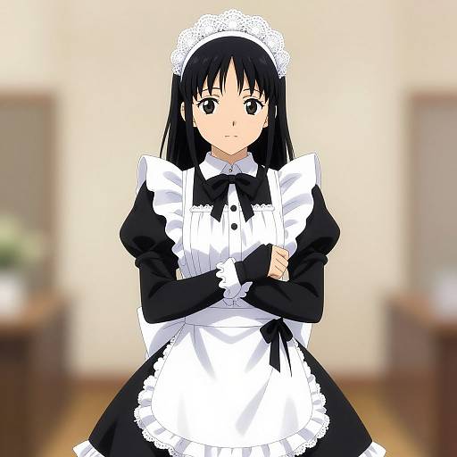 Digital anime-style drawing of a black-haired maid with large eyes, wearing a black and white maid outfit with lace, standing in a blurred indoor setting with