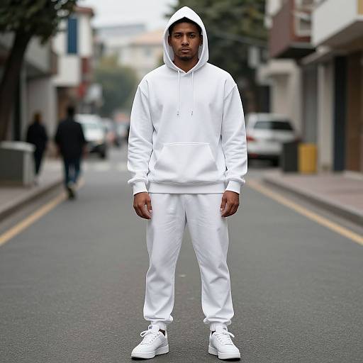 Photograph of a Black man standing on a city street, wearing an all-white hooded sweatshirt, pants, and sneakers, with a blurred urban