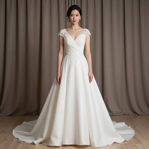 Photograph of an Asian woman in a white, lace-trimmed, V-neck wedding dress with a full skirt and train, standing against gray curtains