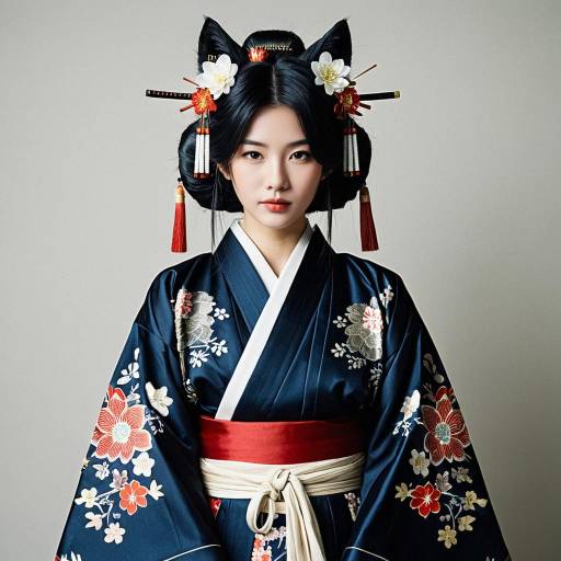 Woman in Traditional Japanese Kimono with Kanzashi Hair Ornaments