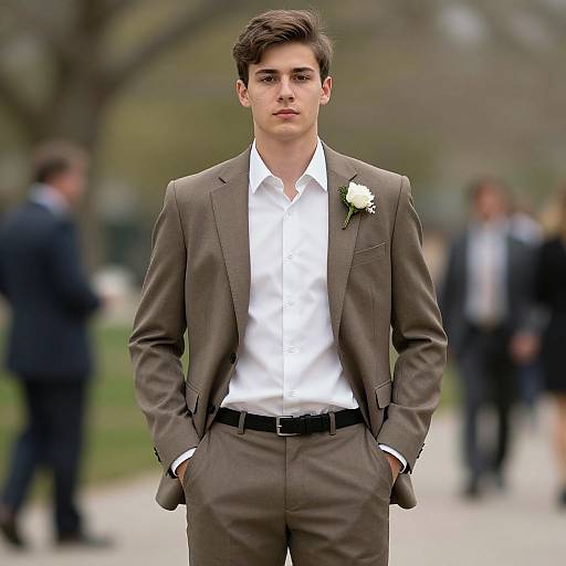 Photograph of a young, handsome man with short brown hair, wearing a brown suit, white shirt, black belt, and white flower boutonni