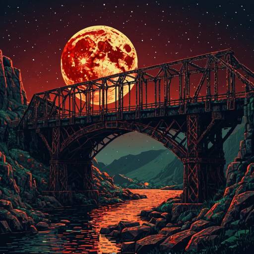 Surreal Low Poly Bridge Under Red Moon