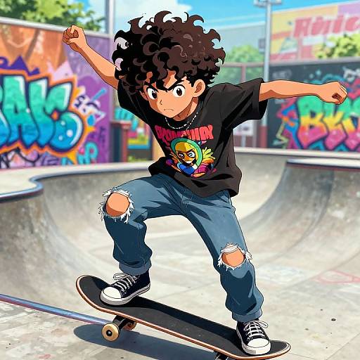 Digital anime-style drawing of a curly-haired boy skateboarding in a colorful graffiti-covered skatepark, wearing a black 