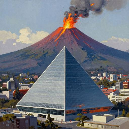 Modern City with Erupting Volcano